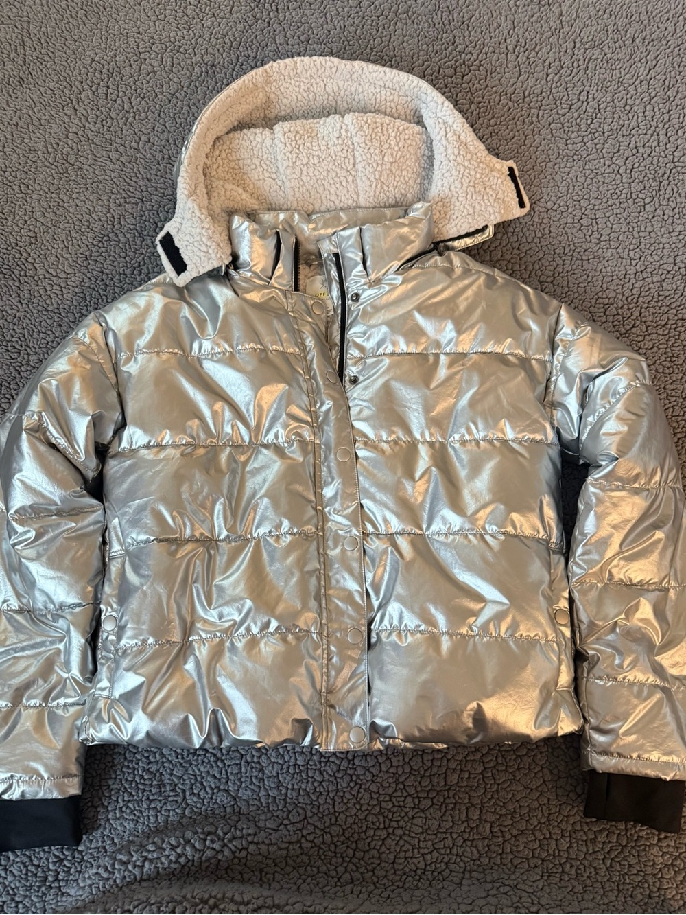 aerie Metallic Silver Puffer Jacket with Sherpa Hood
